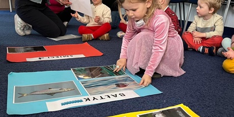 Powiększ grafikę: Dzieci z grupy Biedronek oglądają plansze z rybami w Muzeum Morskim.